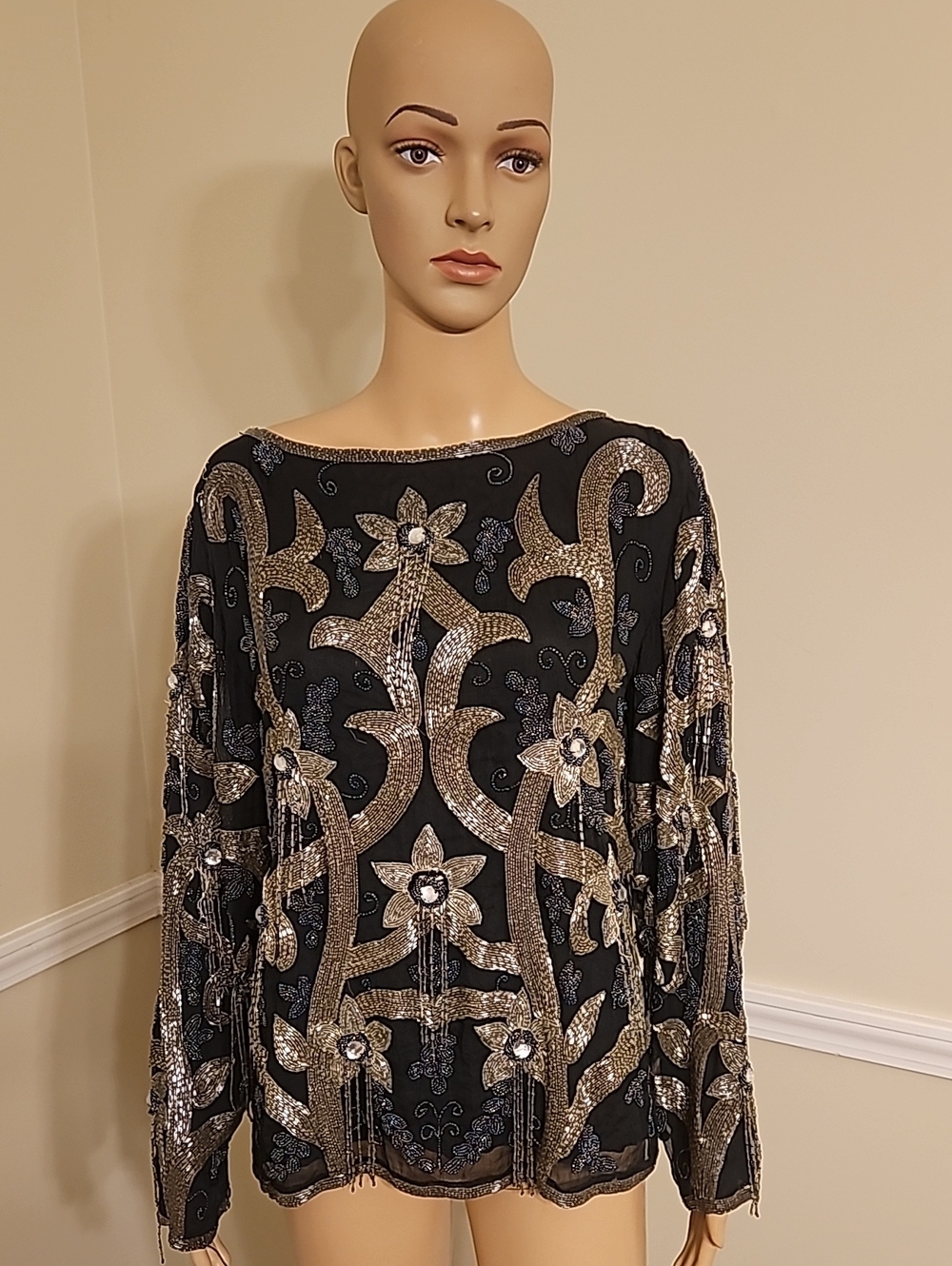 Indigo Black Beaded Sequin Floral Top